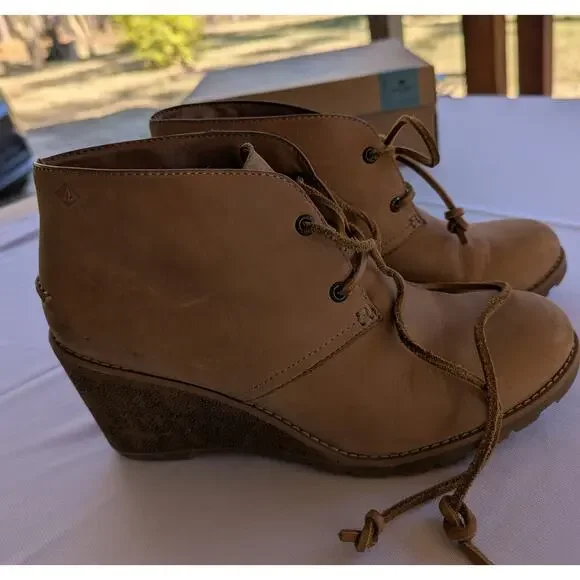 Sperry Ankle Boots Size 8.5M Women Celeste Prow Tan Lace Up Wedge - Picture 4 of 9